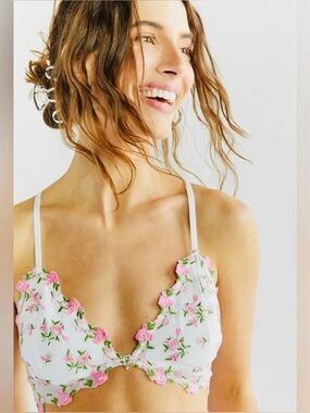 Alya White Mesh with Embroidered Pink Rosettes Bralette